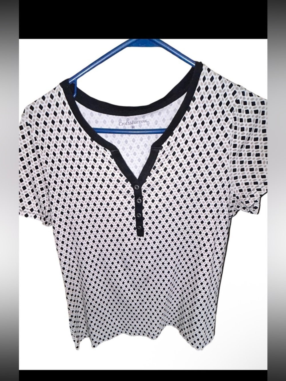 Croft & Barrow Diamond Print Henley Top - 100% Cotton - Size M